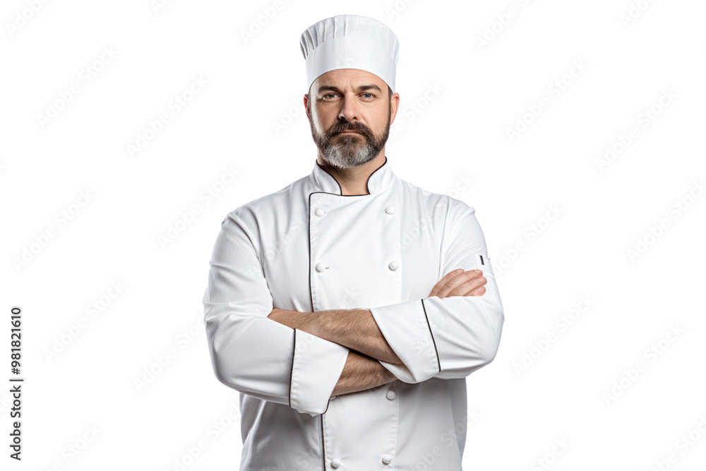 A confident chef standing with arms crossed, wearing a white jacket and chef's hat, ready to prepare a meal isolated on white background A confident chef standing with arms crossed, wearing a white jacket and chef's hat, ready to prepare a meal isolated on white background