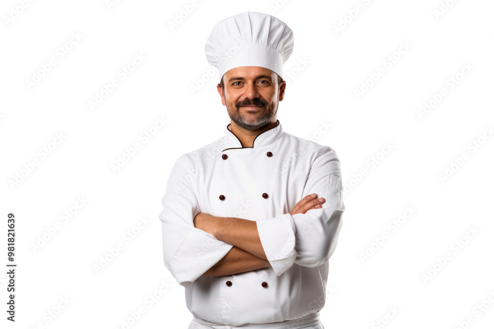 A confident chef standing with arms crossed, wearing a white jacket and chef's hat, ready to prepare a meal isolated on white background A confident chef standing with arms crossed, wearing a white jacket and chef's hat, ready to prepare a meal isolated on white background