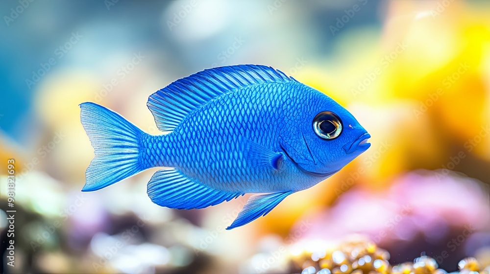 A Vivid Blue Fish with a Striking Yellow Eye, Swims Through a Colorful Underwater Scene A Vivid Blue Fish with a Striking Yellow Eye, Swims Through a Colorful Underwater Scene