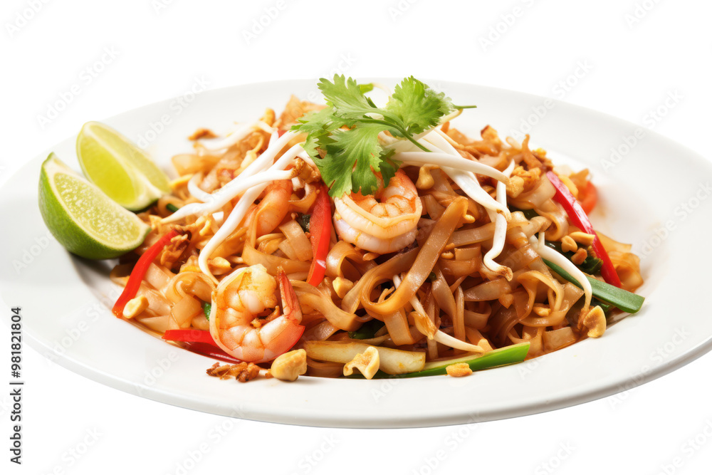 A colorful Thai seafood pad Thai dish with stir-fried noodles, shrimp on a white plate against a plain white background A colorful Thai seafood pad Thai dish with stir-fried noodles, shrimp on a white plate against a plain white background