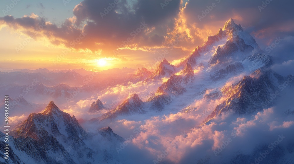 Obraz premium Majestic Mountain Peaks Bathed in the Golden Glow of Sunset