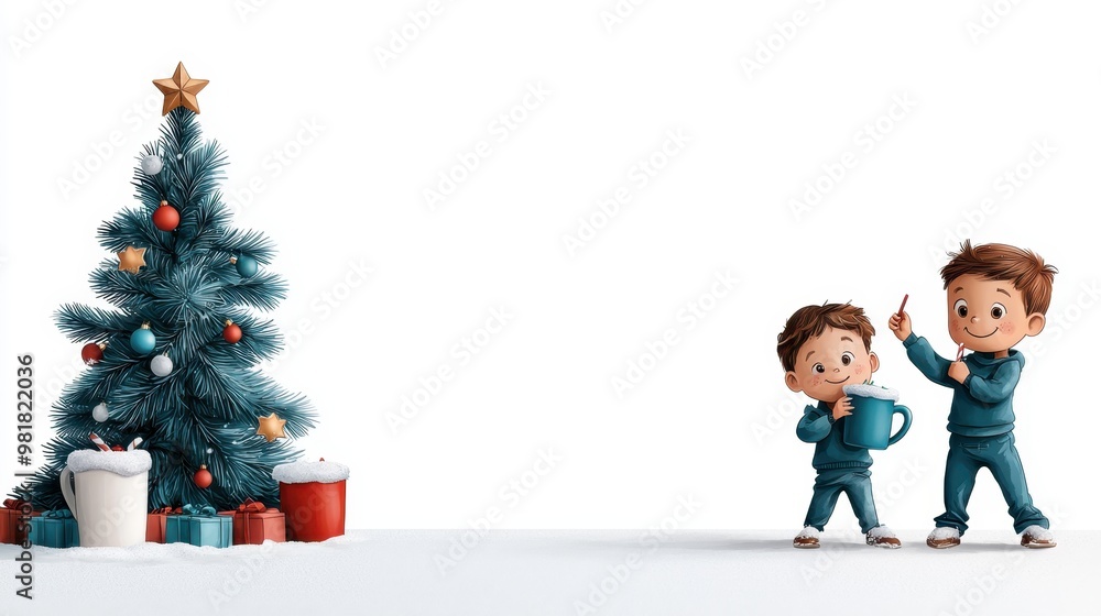 Fototapeta premium A cheerful cartoon family celebrating Christmas around a decorated tree with presents and children holding gifts, perfect for holiday banners and festive illustrations