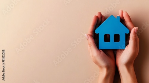 A pair of hands gently cradles a blue paper house cutout, symbolizing protection, security, and the dream of homeownership. This image conveys a sense of care, stability, and the importance of shelter photo