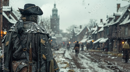 A lone figure walks through a snowy colonial town