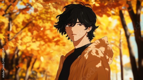 portrait of a handsome anime guy with striking black hair, standing in a bright autumn park