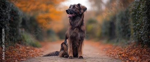 Dog Sitting in Autumn Path