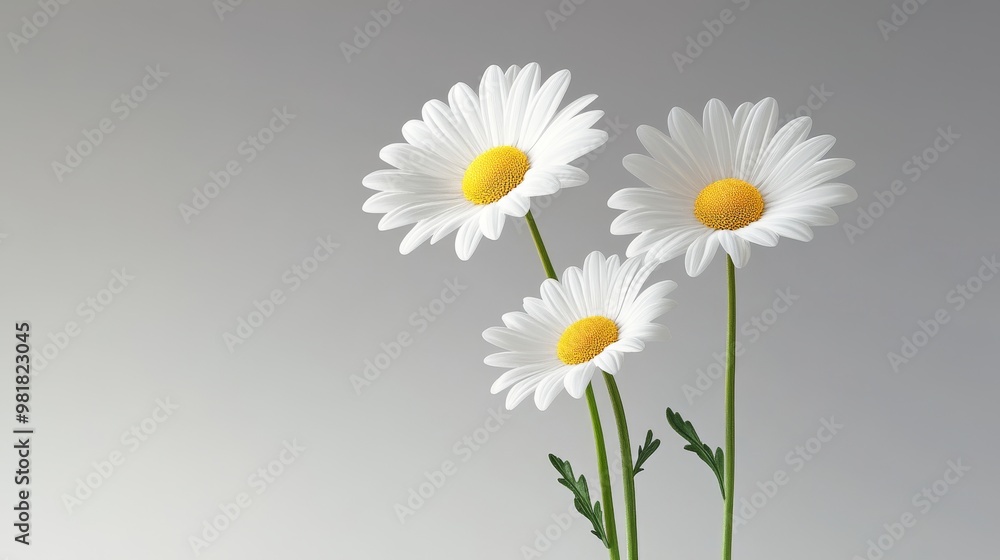 Fototapeta premium Three Shasta daisies with pure white petals stand tall against a soft gray background, symbolizing purity, innocence, new beginnings, hope, and joy.