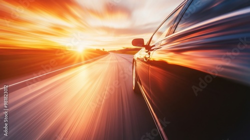 Solitary car on an endless highway at sunset, with golden reflections on the hood, capturing the essence of freedom and peaceful solitude in a vast landscape.