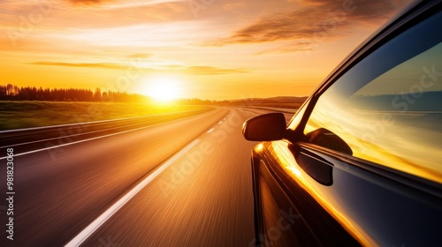 Lone car driving on a deserted highway at sunset, the golden light reflecting off the hood, emphasizing solitude and freedom against a vibrant sky.