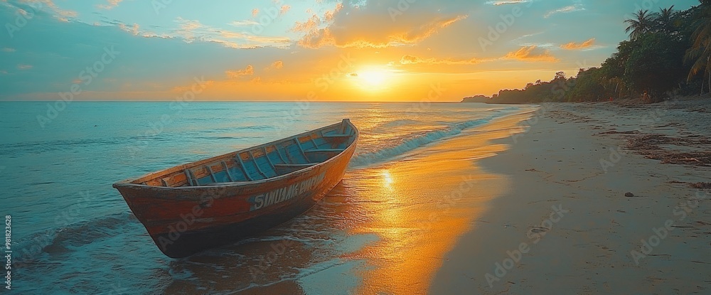 Tranquil Sunset on a Tropical Beach with a Wooden Boat Tranquil Sunset on a Tropical Beach with a Wooden Boat
