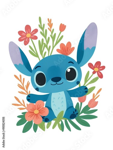 Watercolor Stitch Splash, Stitch Floral and Butterflies Watercolor Splash, Clipart Images, Graphics and Artwork, Stitch Summer Aesthetic, PNG Cute Birthday Images, white background