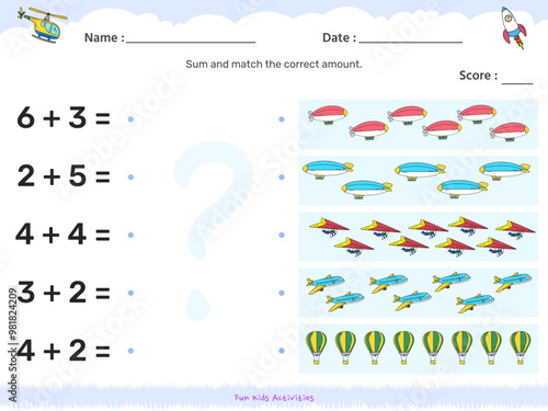 Fun matching game summation air theme for kids 5