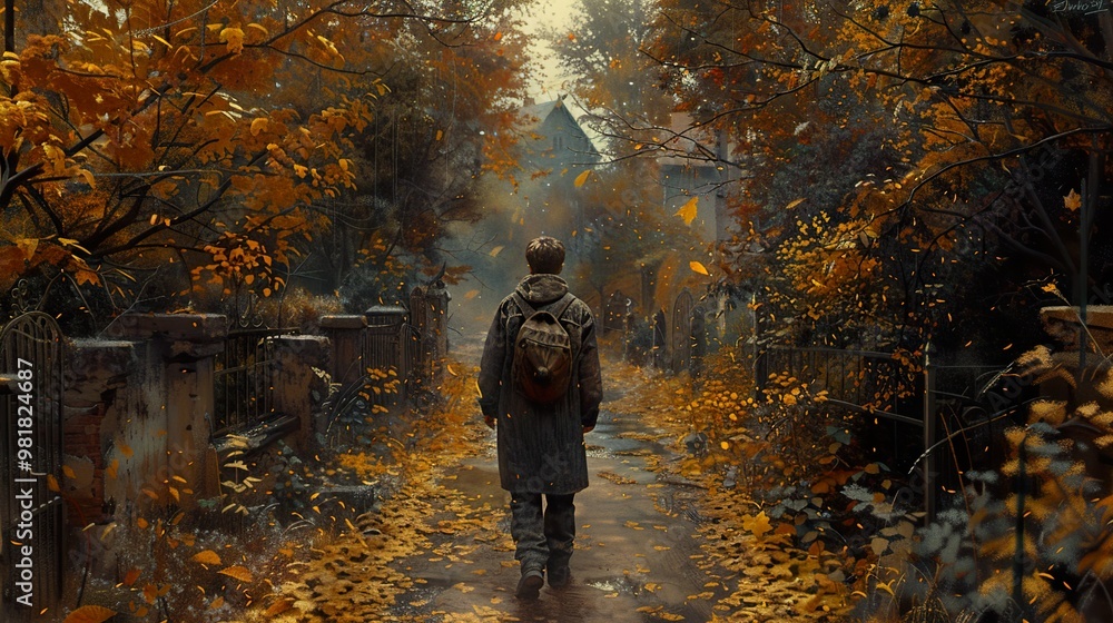 Fototapeta premium Lonely Figure Walking Through Autumn Forest Path