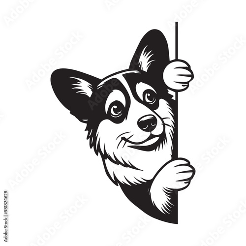 Welsh Corgi Dog Peeking Face Clipart -  Peeking Dog Vector illustration in black and white
