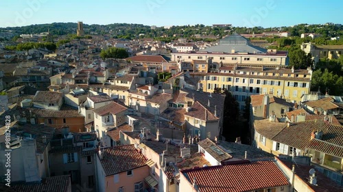 Drone shot over some buildings in aix-en-provence