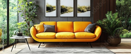 Wallpaper Mural Modern Living Room Interior with Yellow Sofa and Plants Torontodigital.ca