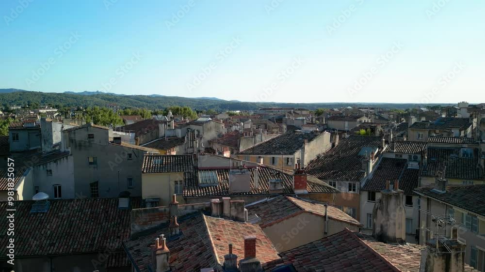 Drone shot rising over aix-en-provence city during sunset Drone shot rising over aix-en-provence city during sunset