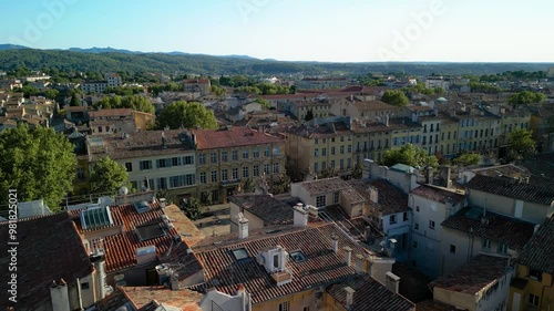 Drone shot flying over buildings in aix-en-provence 