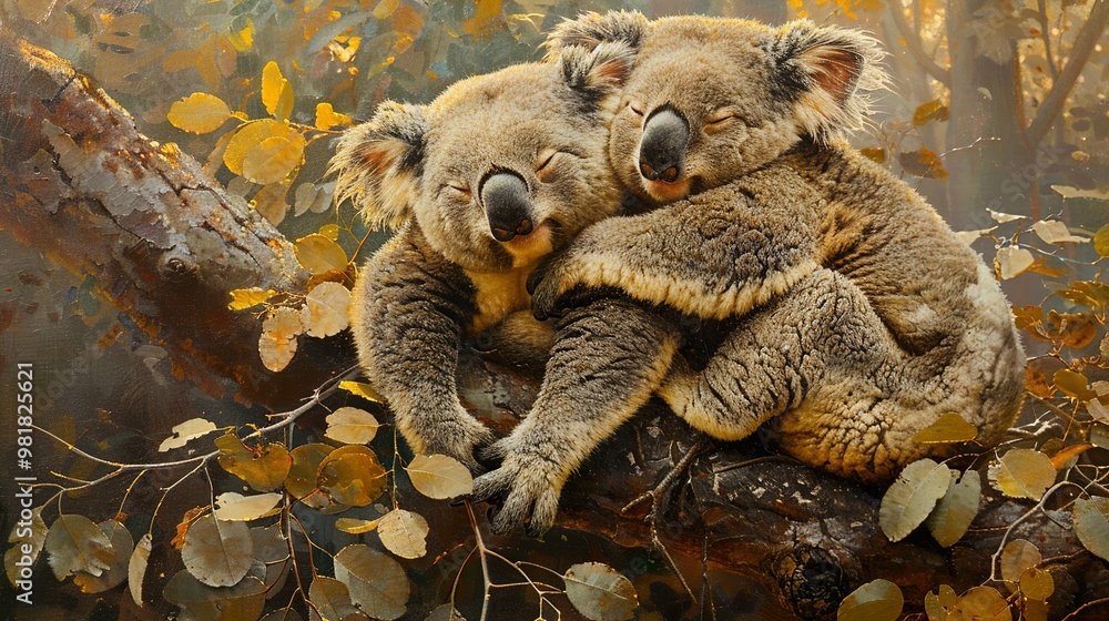 Two Koalas Cuddle in a Eucalyptus Tree in Australia Two Koalas Cuddle in a Eucalyptus Tree in Australia