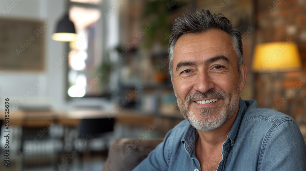 Obraz premium Middle-aged man smiling in a rustic modern setting.