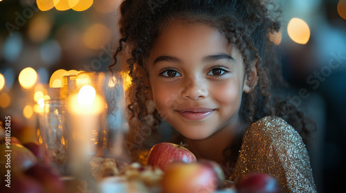 Diverse Family Celebrating Rosh Hashanah with Traditional Foods photo