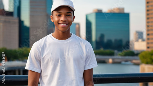 Black teenage boy wearing white t-shirt and white baseball cap standing on cityscape background