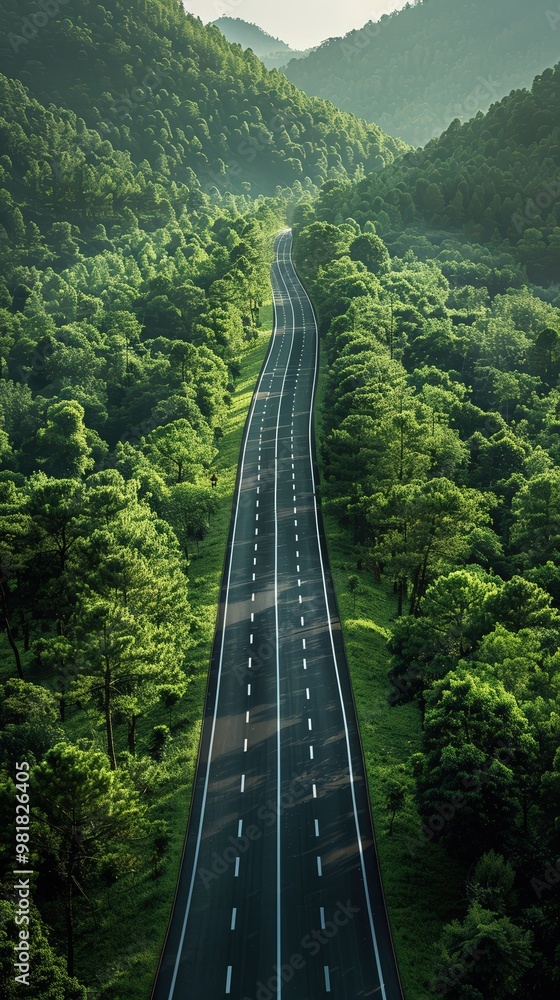 Aerial view of a winding road through lush green mountains and dense forest, perfect for travel and nature concepts. Aerial view of a winding road through lush green mountains and dense forest, perfect for travel and nature concepts.