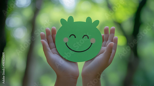 Celebrating World Smile Day with a green smiley face held gently in two hands outdoors photo