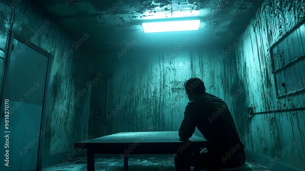 A dimly lit, claustrophobic interrogation room in a dilapidated police station, cracked walls, harsh fluorescent light flickering, suspect gazes blankly across the table A dimly lit, claustrophobic interrogation room in a dilapidated police station, cracked walls, harsh fluorescent light flickering, suspect gazes blankly across the table