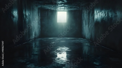 A dim interrogation room with flickering light, water dripping from the ceiling, casting eerie reflections on a slick wet floor, grunge-style, cinematic, monochromatic photo