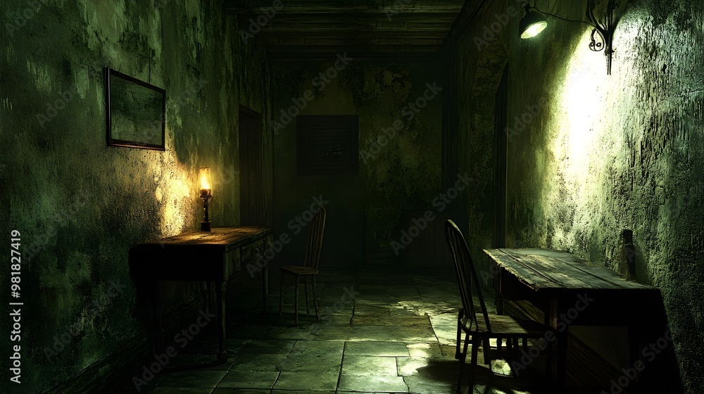 A dimly lit, rustic interrogation room with worn wooden furniture. A tense exchange unfolds between the interrogator and a political prisoner, oil lamps casting shadows A dimly lit, rustic interrogation room with worn wooden furniture. A tense exchange unfolds between the interrogator and a political prisoner, oil lamps casting shadows