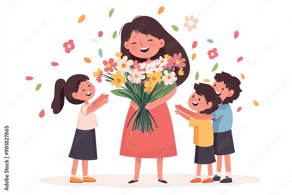 Happy Children Celebrating Teacher Appreciation with Flowers – A Heartwarming Illustration of Gratitude and Joy in a Classroom Setting Happy Children Celebrating Teacher Appreciation with Flowers – A Heartwarming Illustration of Gratitude and Joy in a Classroom Setting