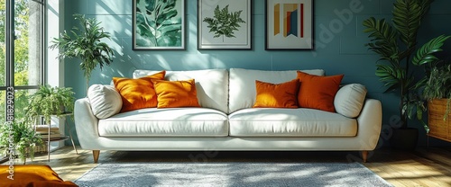 Wallpaper Mural Modern Living Room with White Sofa and Orange Pillows Torontodigital.ca