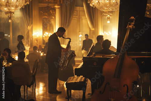 Jazz musicians including a saxophonist and double bassist perform in a grand ballroom with golden chandeliers, creating a vintage ambiance. photo