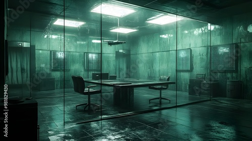 Minimalist interrogation room, digital glass screens, a two-way mirror, harsh overhead lighting, sterile government environment, cold and uninviting, Cinematic, Cyberpunk style