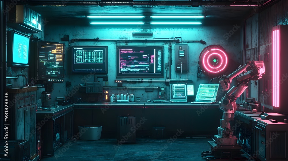 Obraz premium Sci-fi interrogation room, robotic arms injecting truth serum, suspect staring at holographic monitors, neon-lit tech walls, AI monitoring vitals, high-tech dystopian, Photorealistic, dark lighting