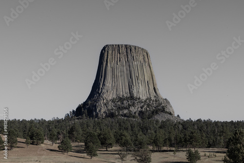 Blank and white photo of the Devils Tower national monument in Wyoming.