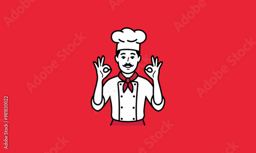 Smiling chef in apron giving OK gesture, with Tasty Food text photo