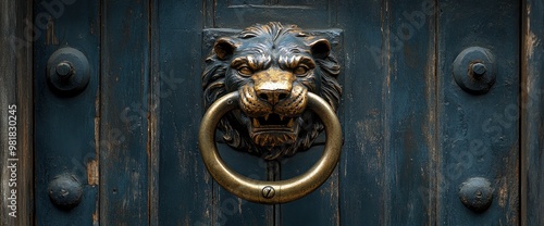 Antique Lion Head Door Knocker on a Dark Wooden Door