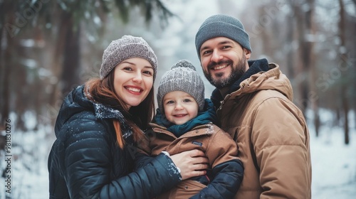 Father, mother and child in winter clothes. Happy family in winter forest.