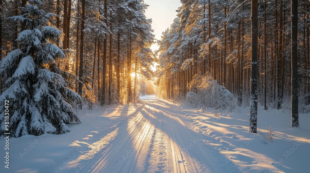 Sunset in the winter forest. Beautiful winter landscape with sunbeams. Sunset in the winter forest. Beautiful winter landscape with sunbeams.