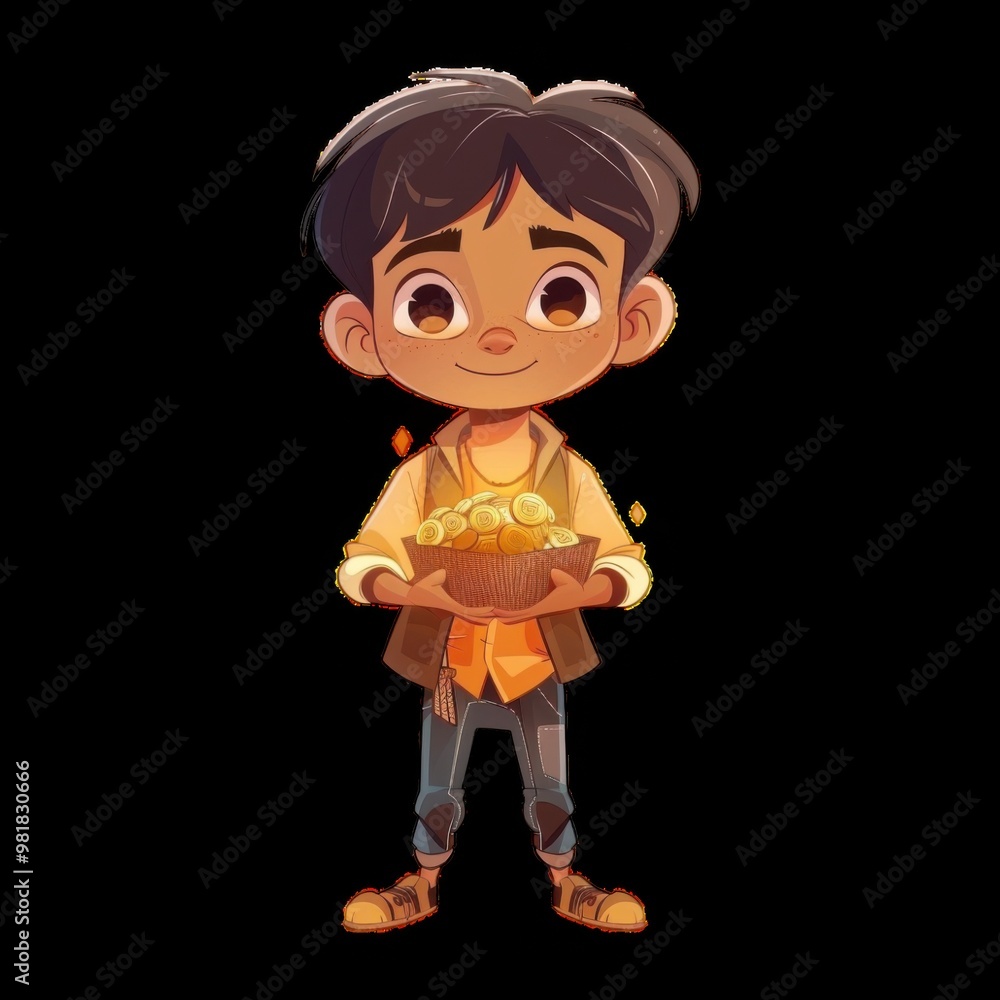 Young boy with a basket of fruits in a cheerful setting Young boy with a basket of fruits in a cheerful setting