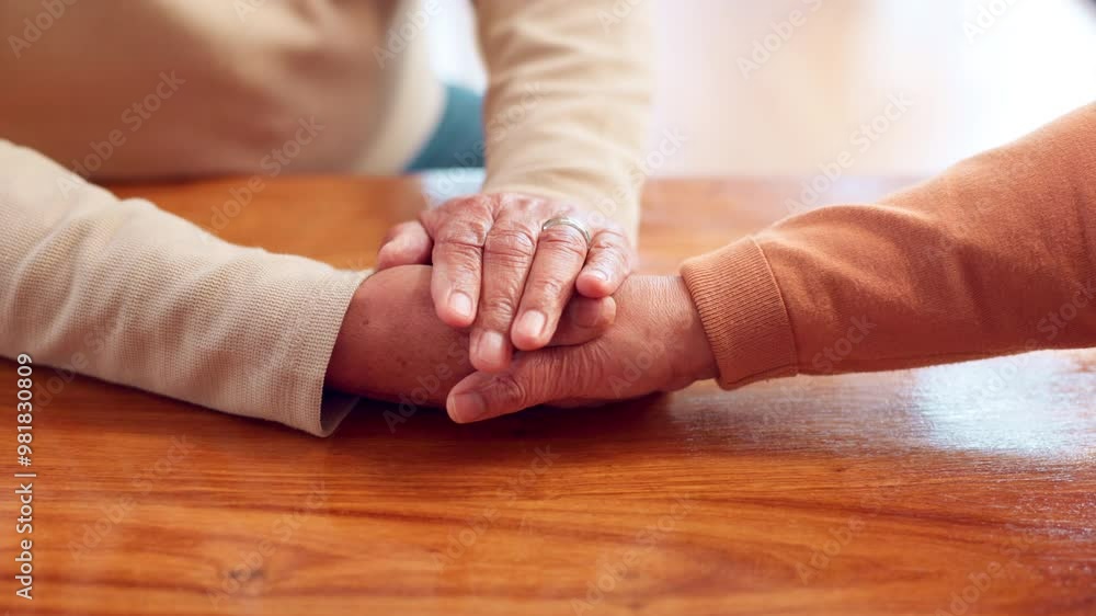 Senior people, grief and compassion with holding hands, support and assistance in nursing home or retirement. Elderly couple, bonding and empathy in living room for love, connection or communication Senior people, grief and compassion with holding hands, support and assistance in nursing home or retirement. Elderly couple, bonding and empathy in living room for love, connection or communication