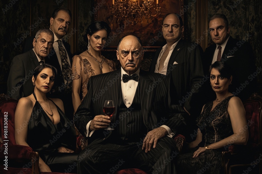 Fototapeta premium A mafia family portrait with each member displaying a unique blend of elegance and menace, the patriarch in the center holding a glass of wine
