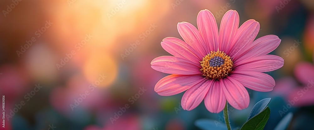Pink Daisy Flower in a Field of Blooms at Sunset