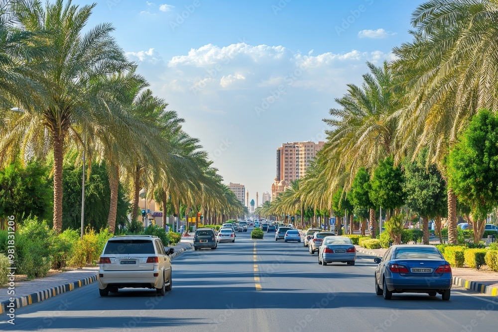 Fototapeta premium Cars drive down a road lined with palm trees and buildings in the distance.