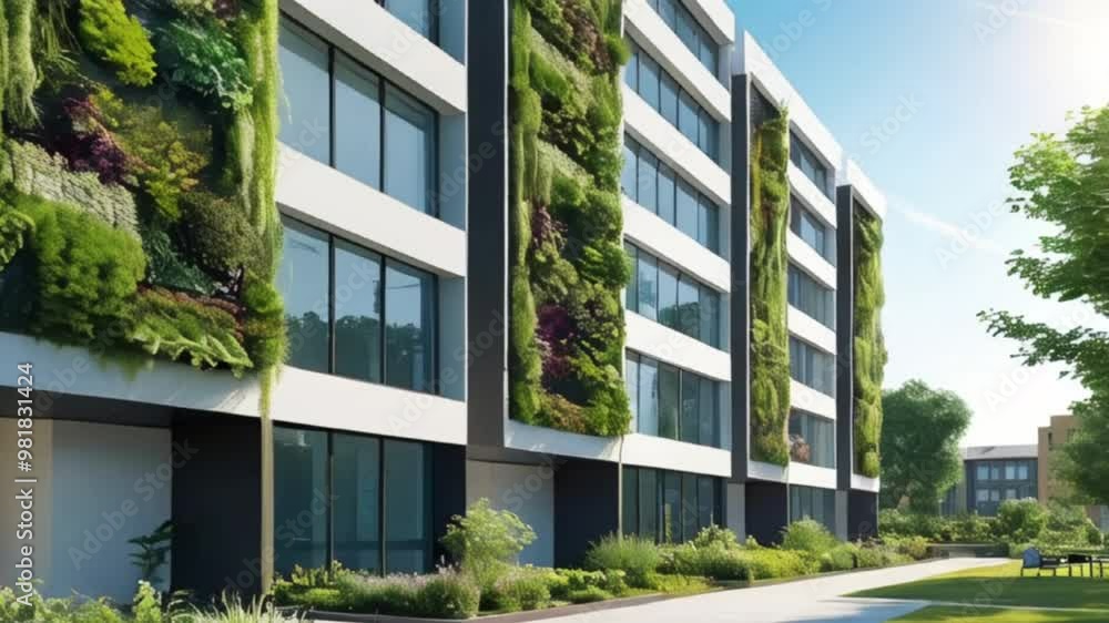 Modern urban building with vertical gardens, showcasing lush greenery against sleek architecture, creating a vibrant and eco-friendly environment created with generative ai Modern urban building with vertical gardens, showcasing lush greenery against sleek architecture, creating a vibrant and eco-friendly environment created with generative ai