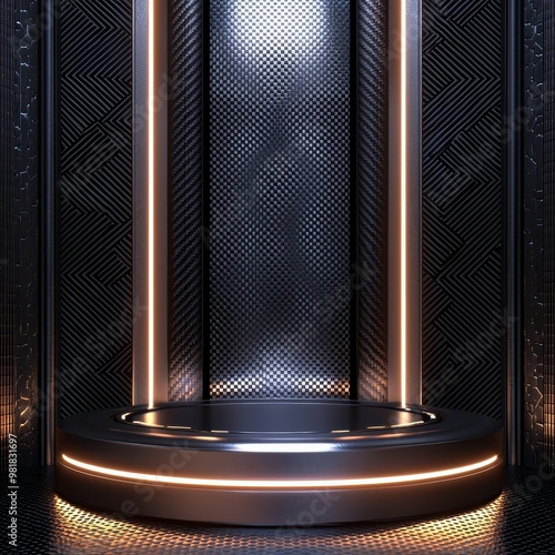 Futuristic sci fi style metal podium or stage with glowing lights and reflective surfaces