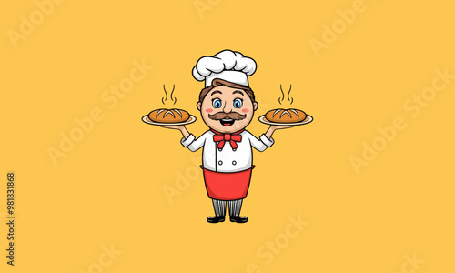Cartoon chef holding two steaming loaves of bread, smiling happily.