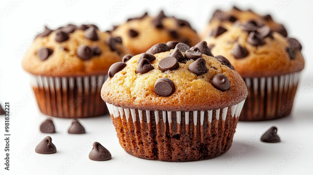 Close-up of a Chocolate Chip Muffin with Scattered Chocolate Chips Close-up of a Chocolate Chip Muffin with Scattered Chocolate Chips